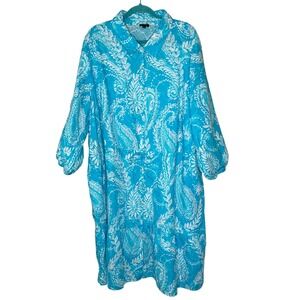 Talbots Plus Size 24W Blue White Paisley Print Linen Blend Button Down Dress